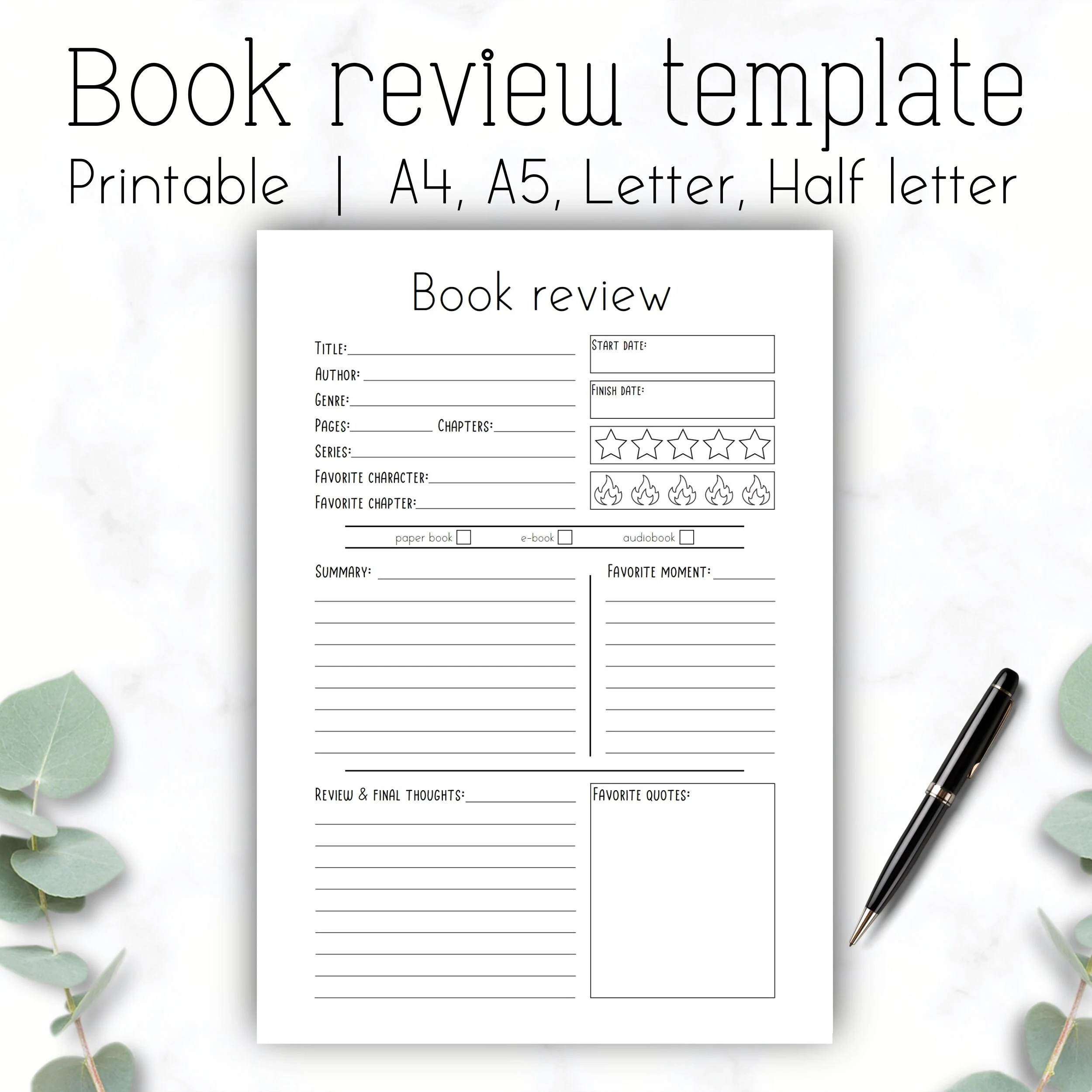 Printable Book Review Template Reading Log A4 A5 Letter Half 