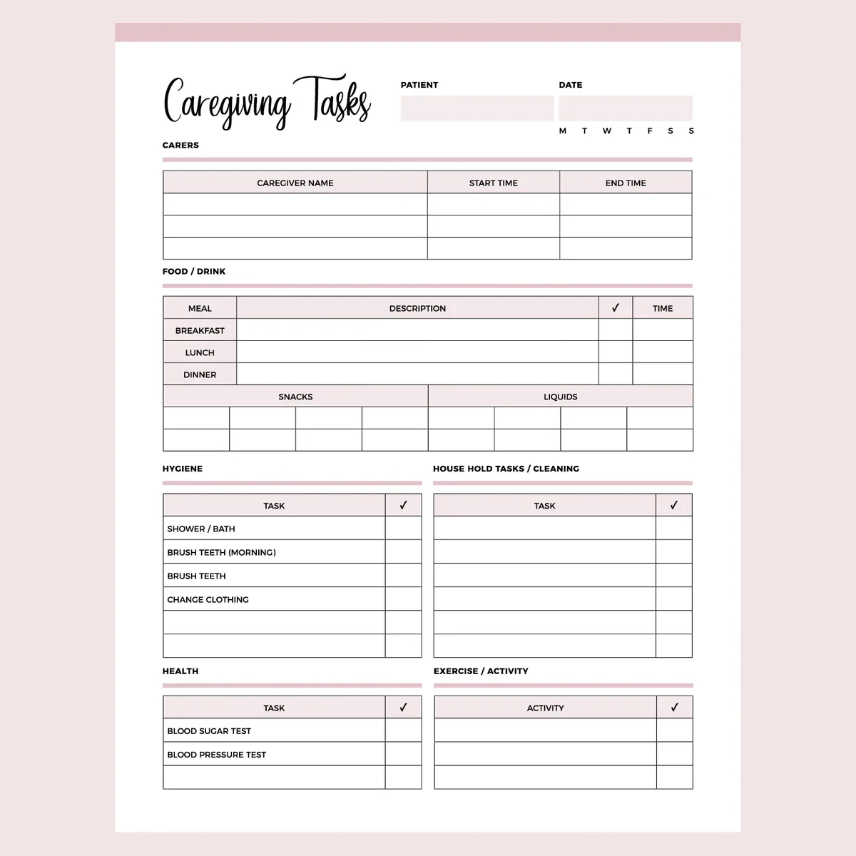 Printable Caregiving Daily Task Checklist Instant Download PDF 