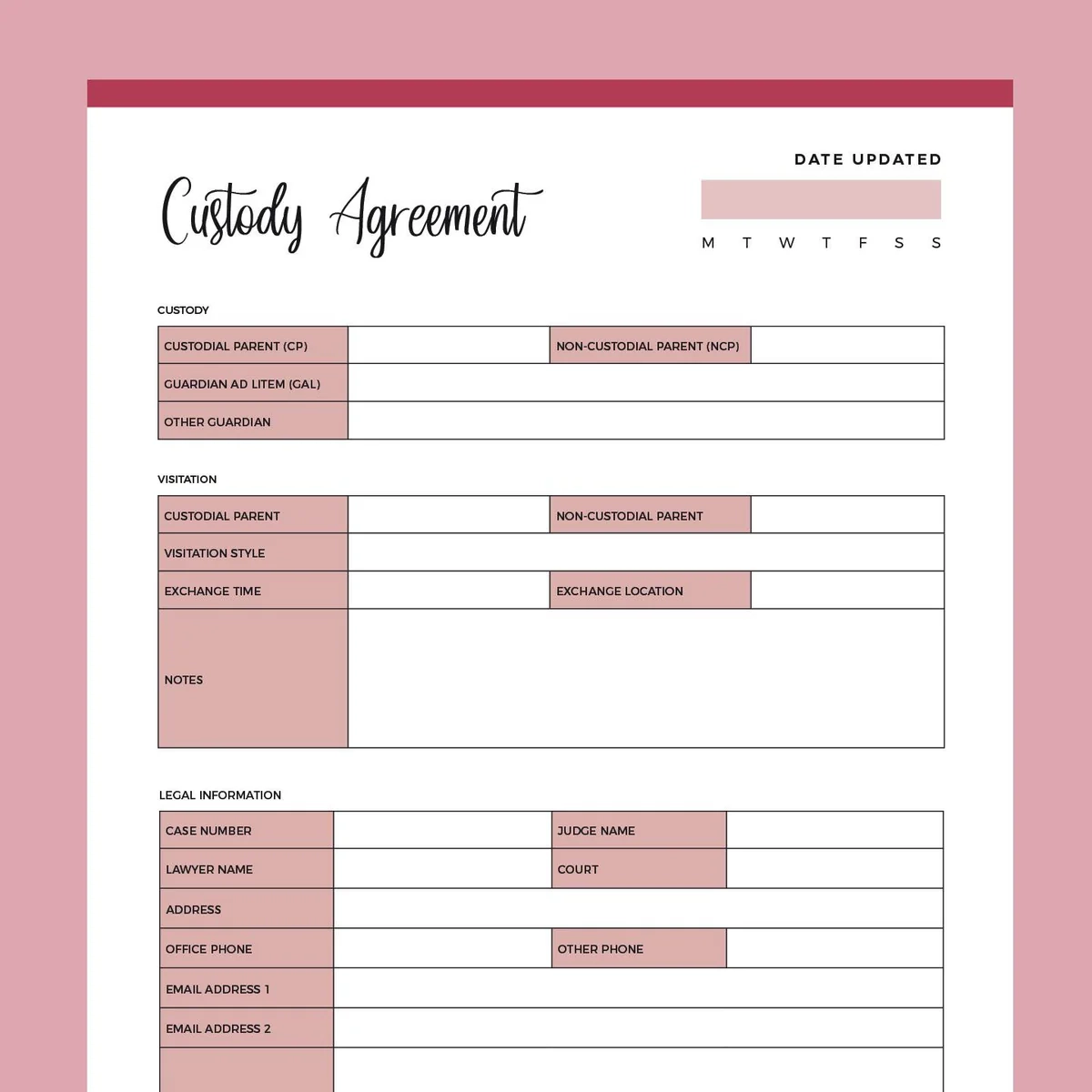 Printable Child Custody Agreement Instant Download PDF A4 amp Letter