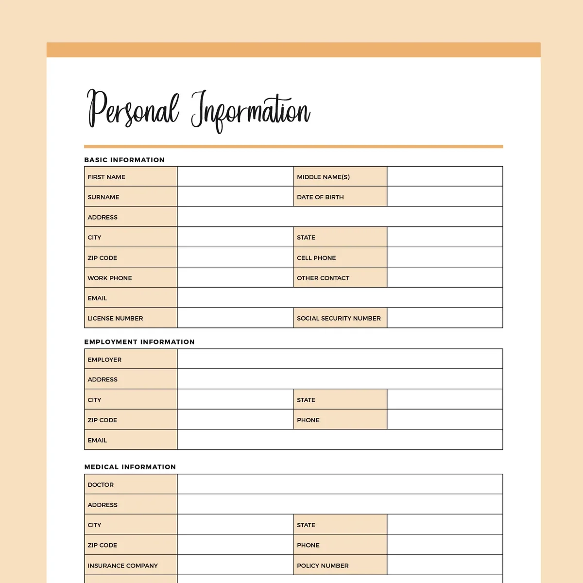 Basic Contact Information Sheet Template Printable