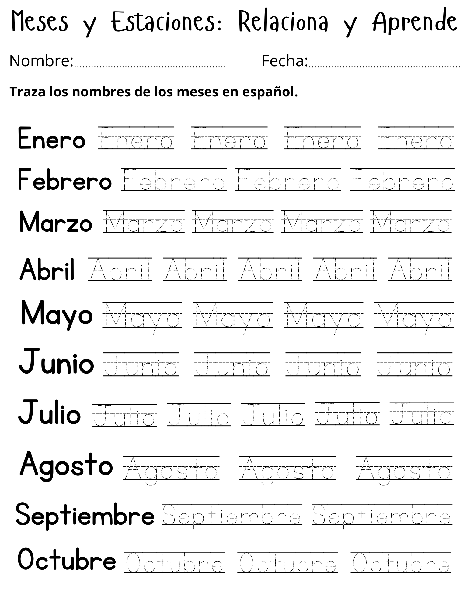 Printable Spanish Months And Seasons Worksheet Meses Y 