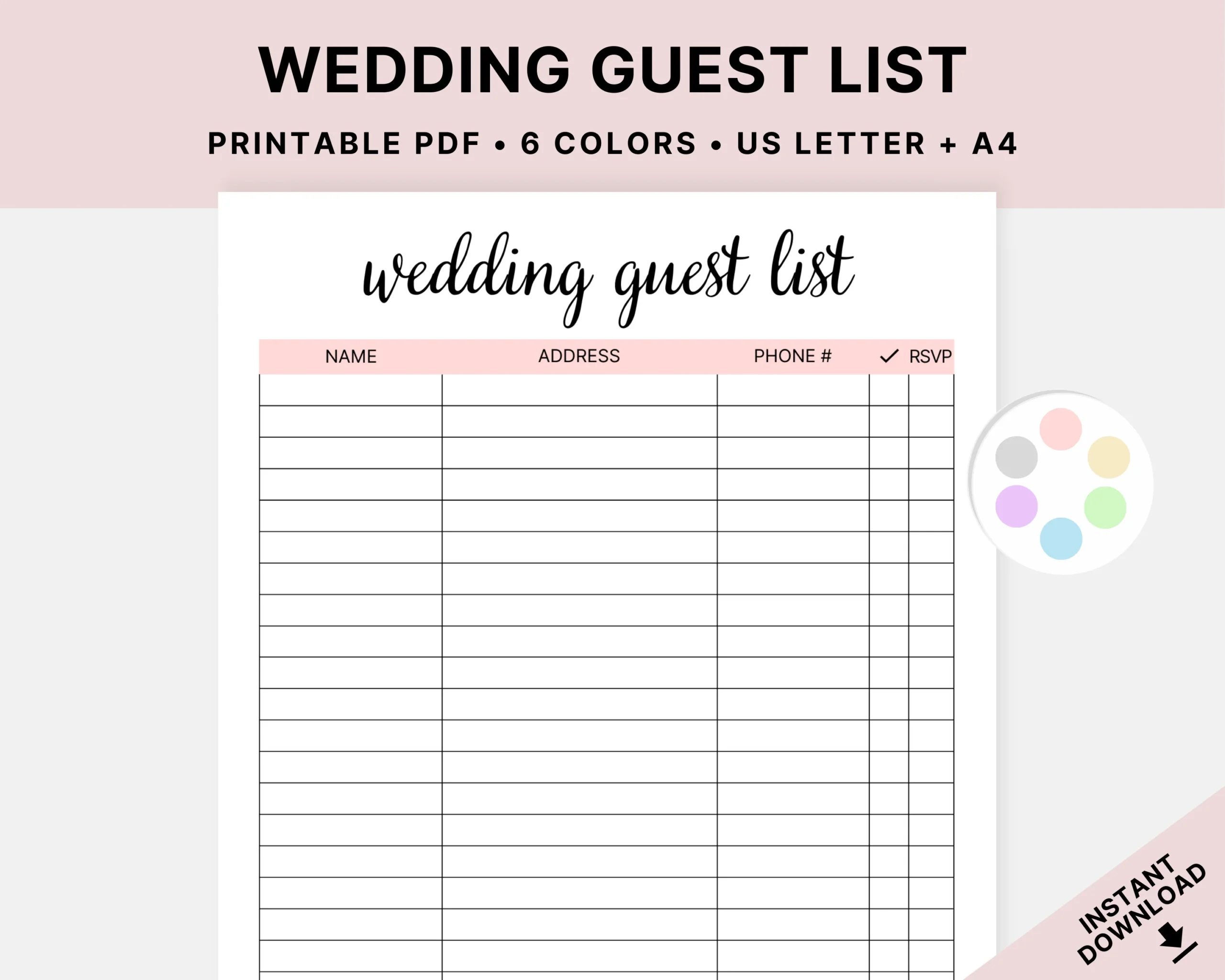 Printable Wedding Guest List Template