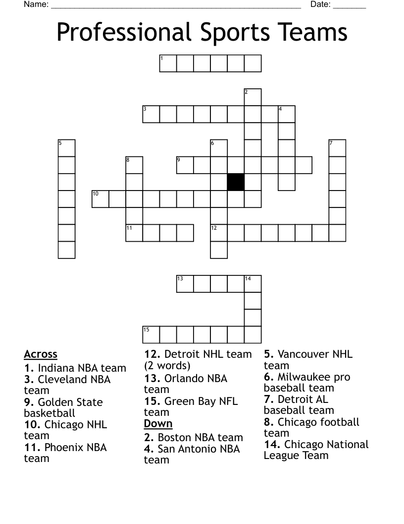 Professional Sports Teams Crossword WordMint