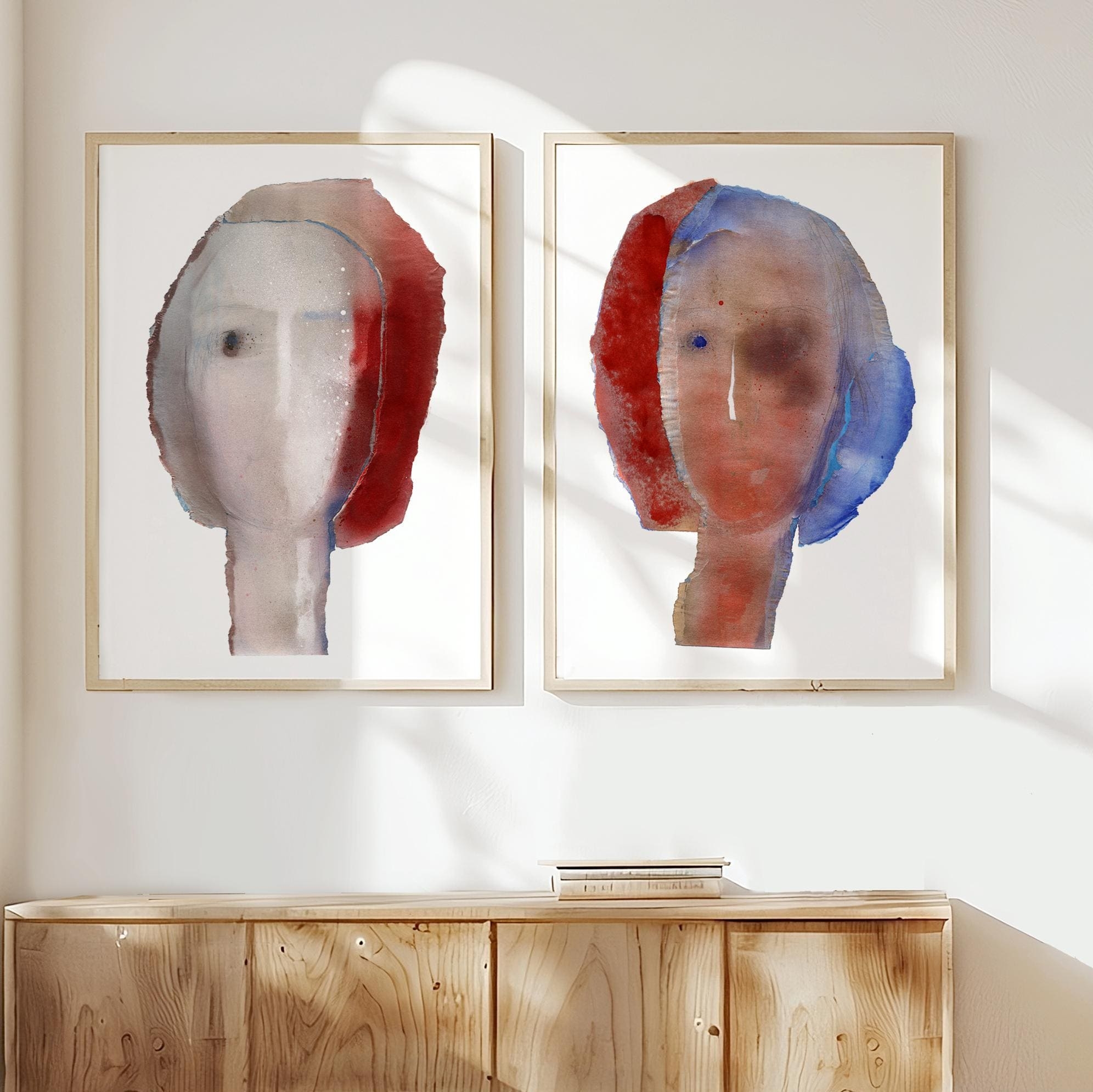 Red Blue And White Abstract Painting Print Set Of 2 Large 