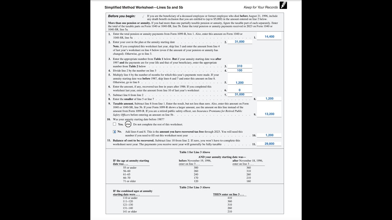 Simplified Method Worksheet Walkthrough IRS Form 1040 Lines 5a amp 5b 
