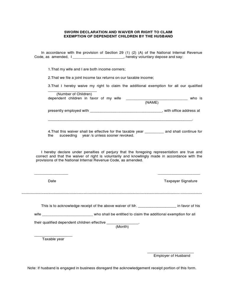 Sworn Declaration And Waiver Or Right To Claim Form PDF