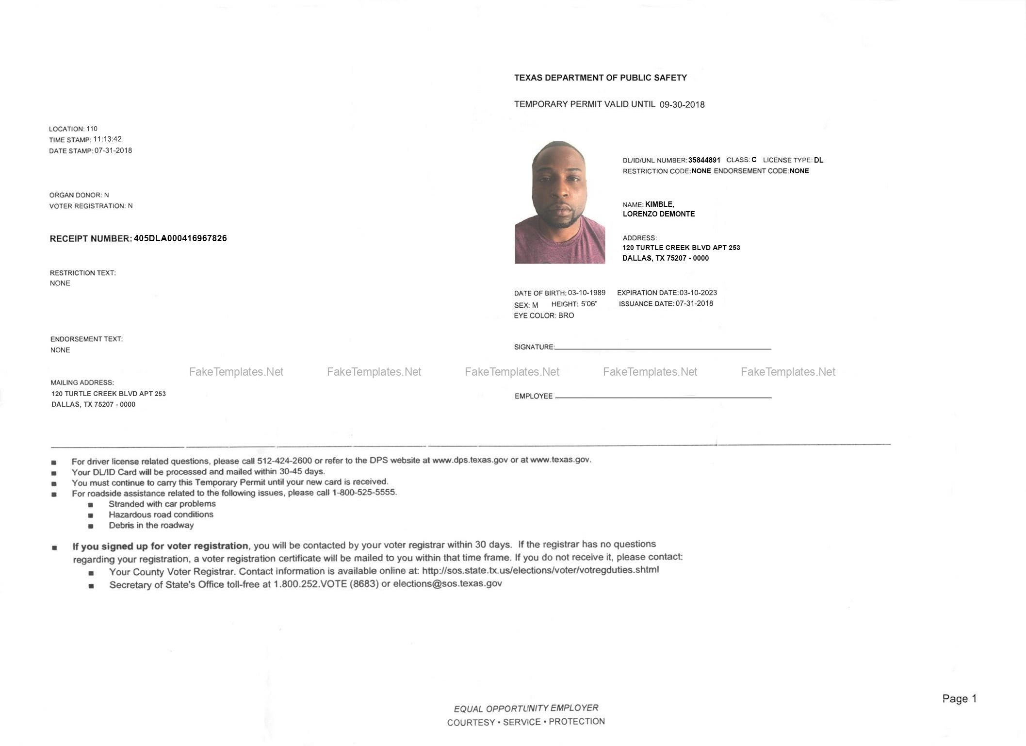 Printable Blank Texas Temporary Paper Id Template