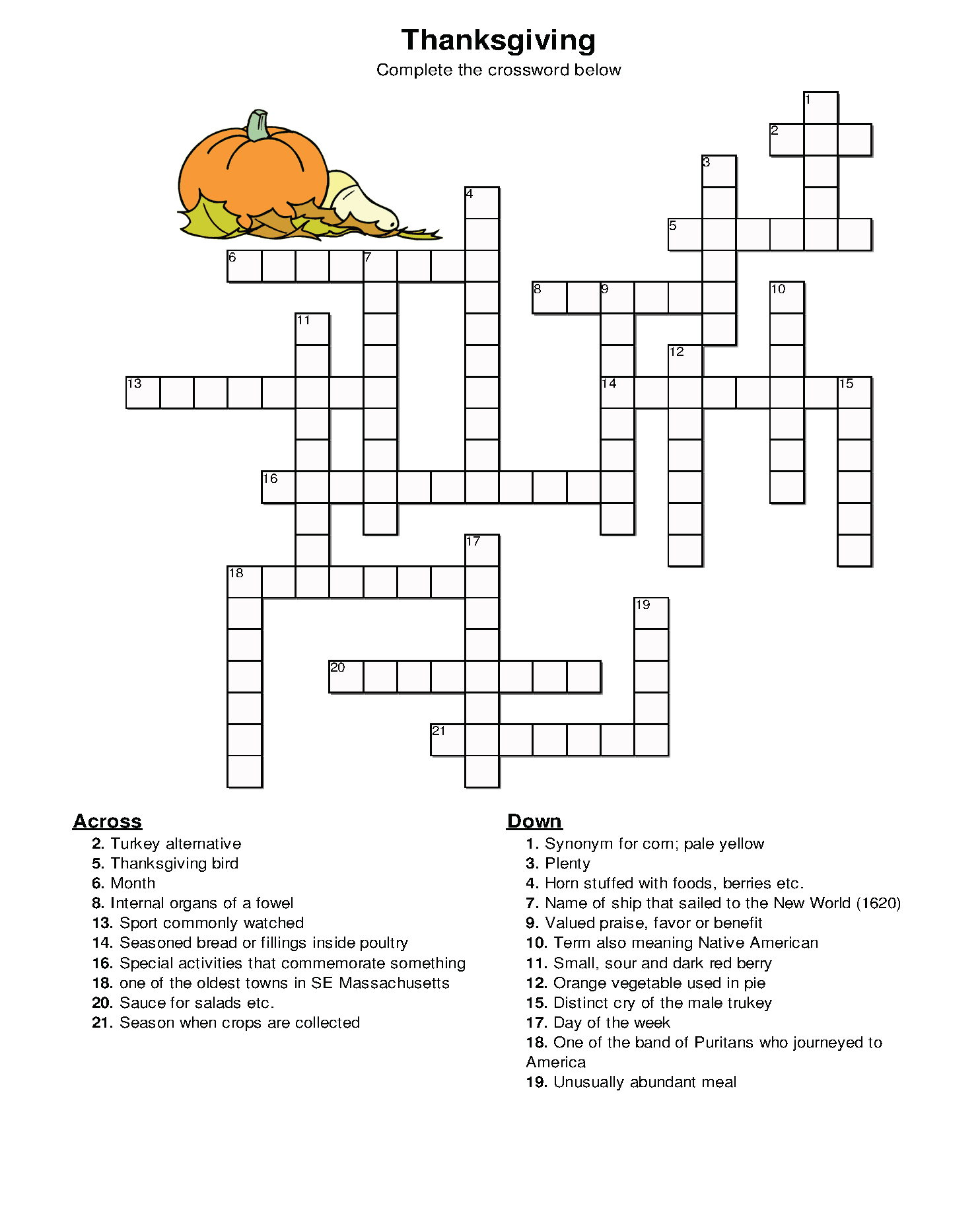 Thanksgiving Crossword Puzzle Printable Free