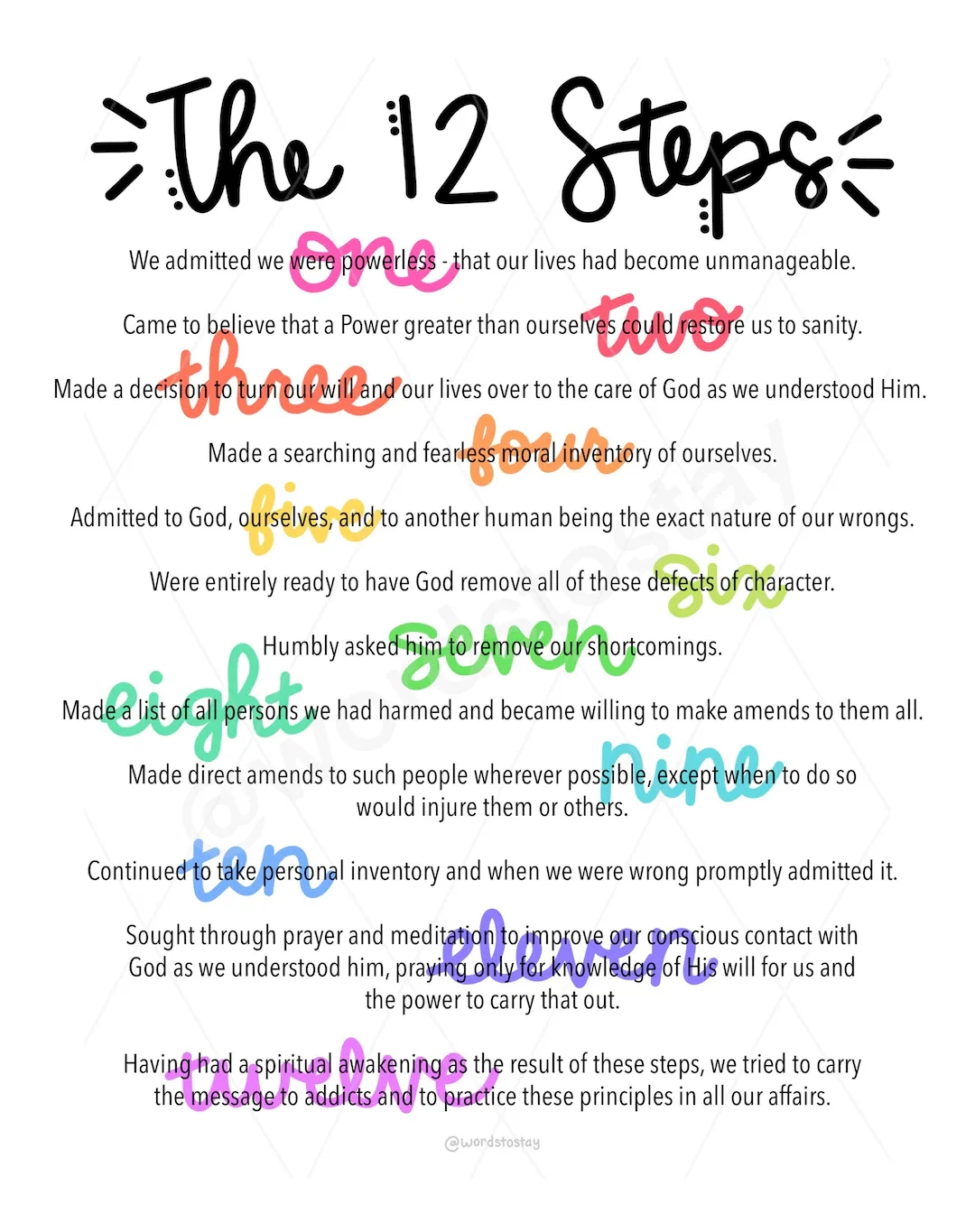 The 12 Steps Of Recovery AA NA Cute Colorful Printable File PNG 