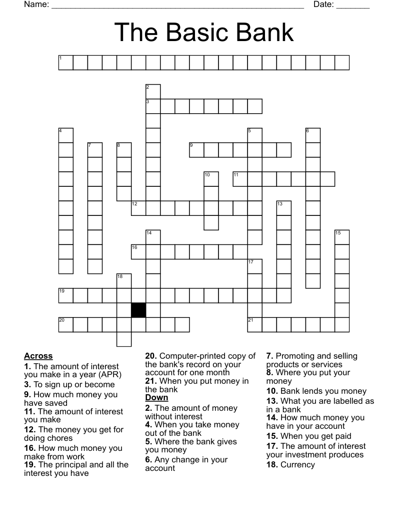 Money Crossword Puzzles Printable