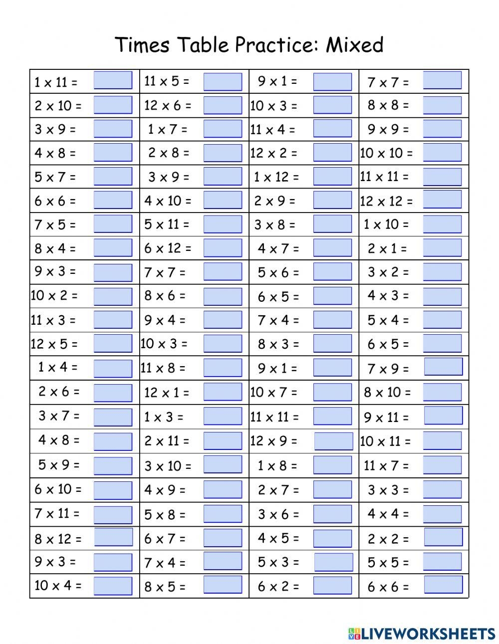 Times Tables Worksheets 1 12 Printable