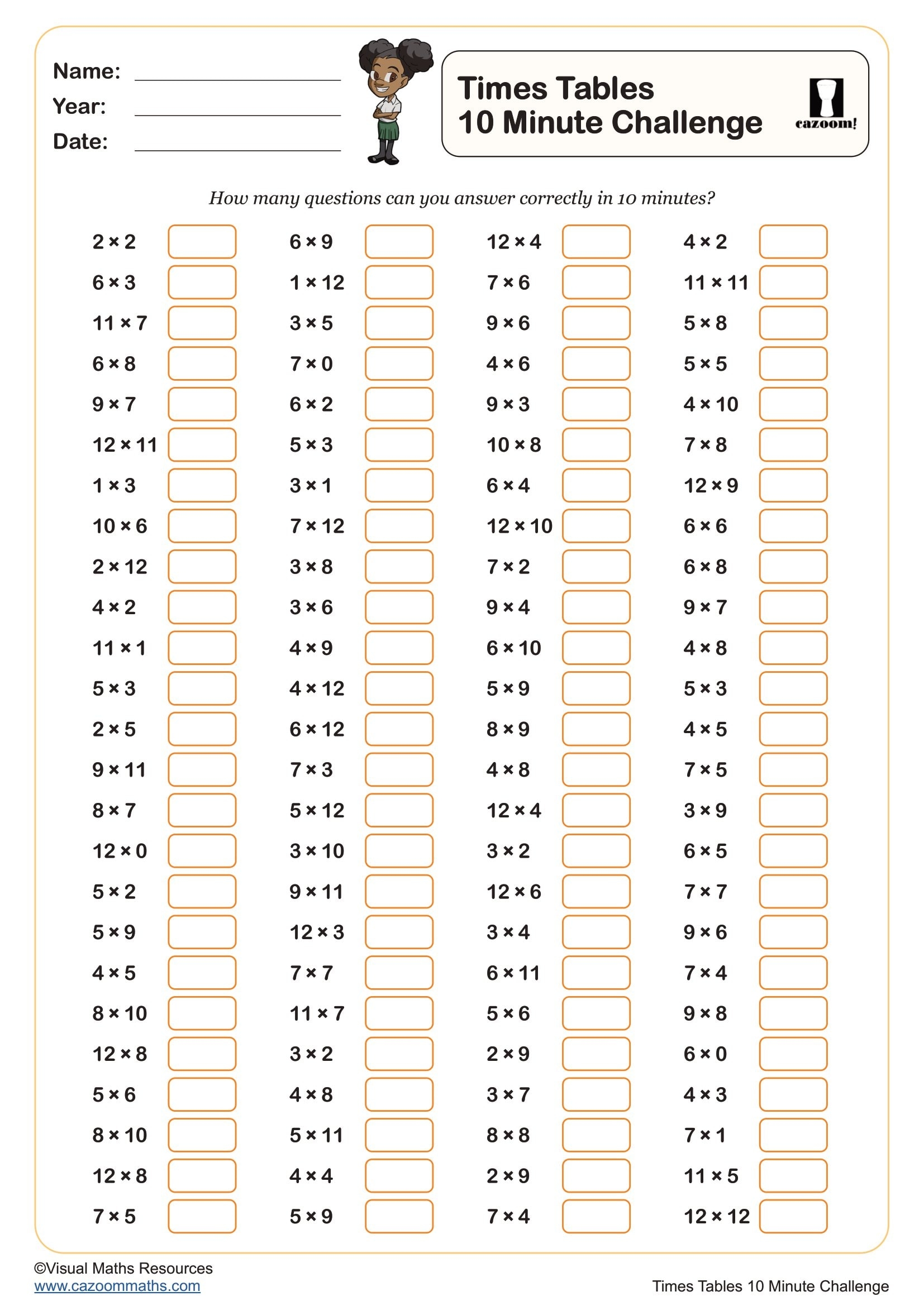 Times Tables 10 Minute Challenge Worksheet Fun And Engaging Year 