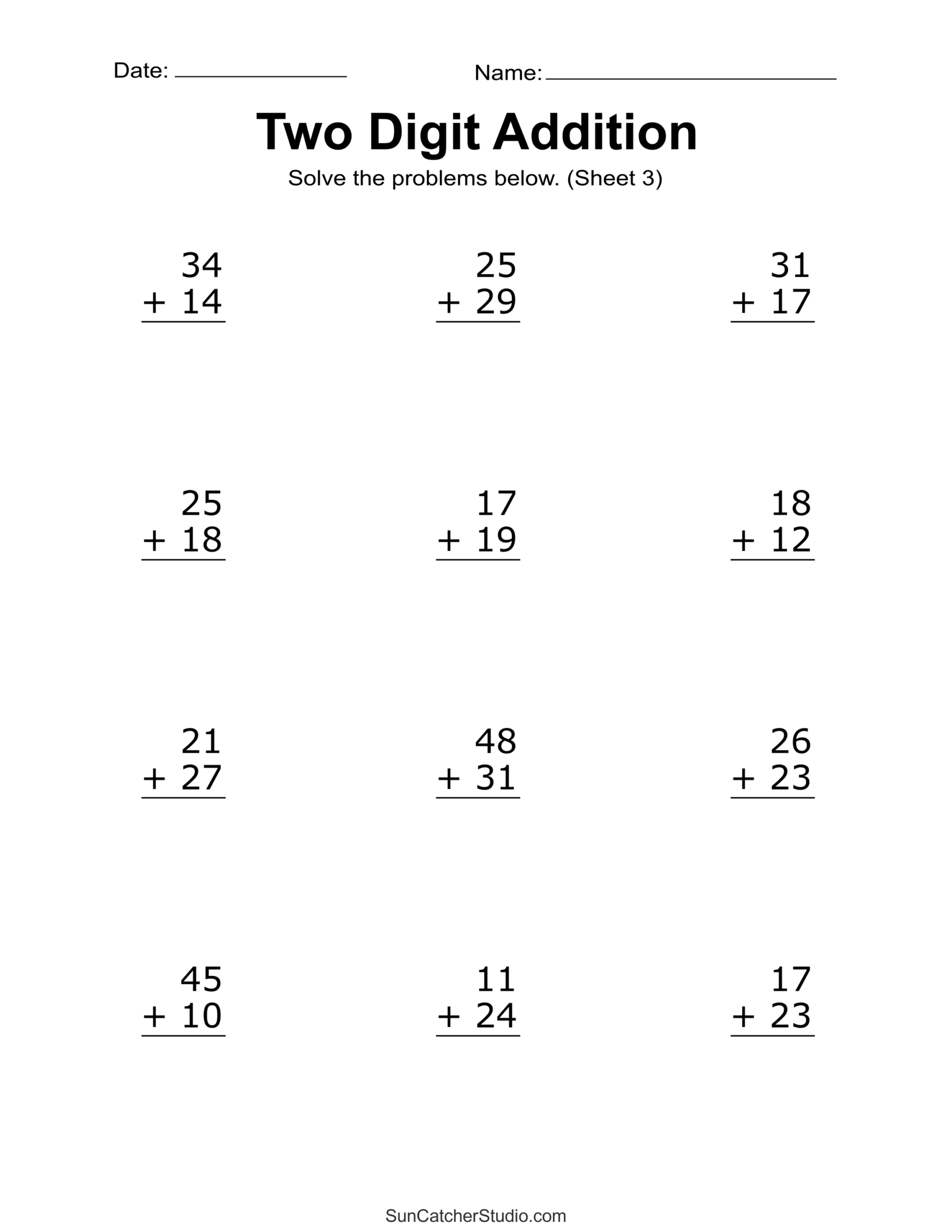 Two Digit Addition Worksheets Printable 2 Digit Problems Free 