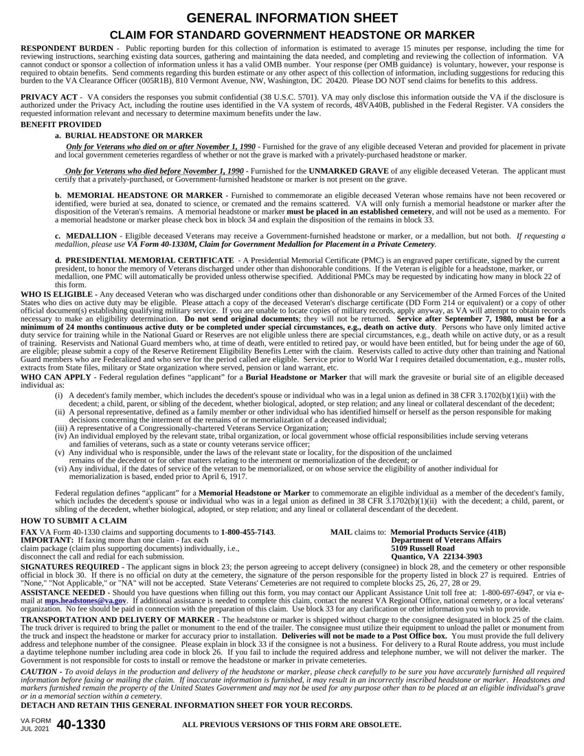 Va Form 40 1330 Fill Out Printable PDF Forms Online