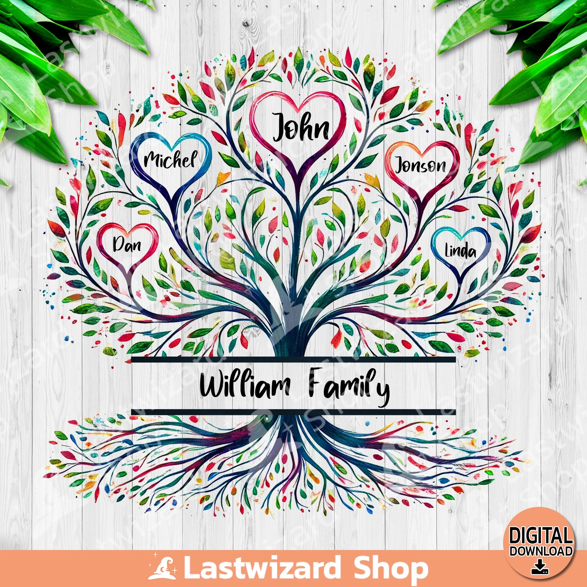 Watercolor Family Tree PNG 5 Hearts Monogram Design digital 