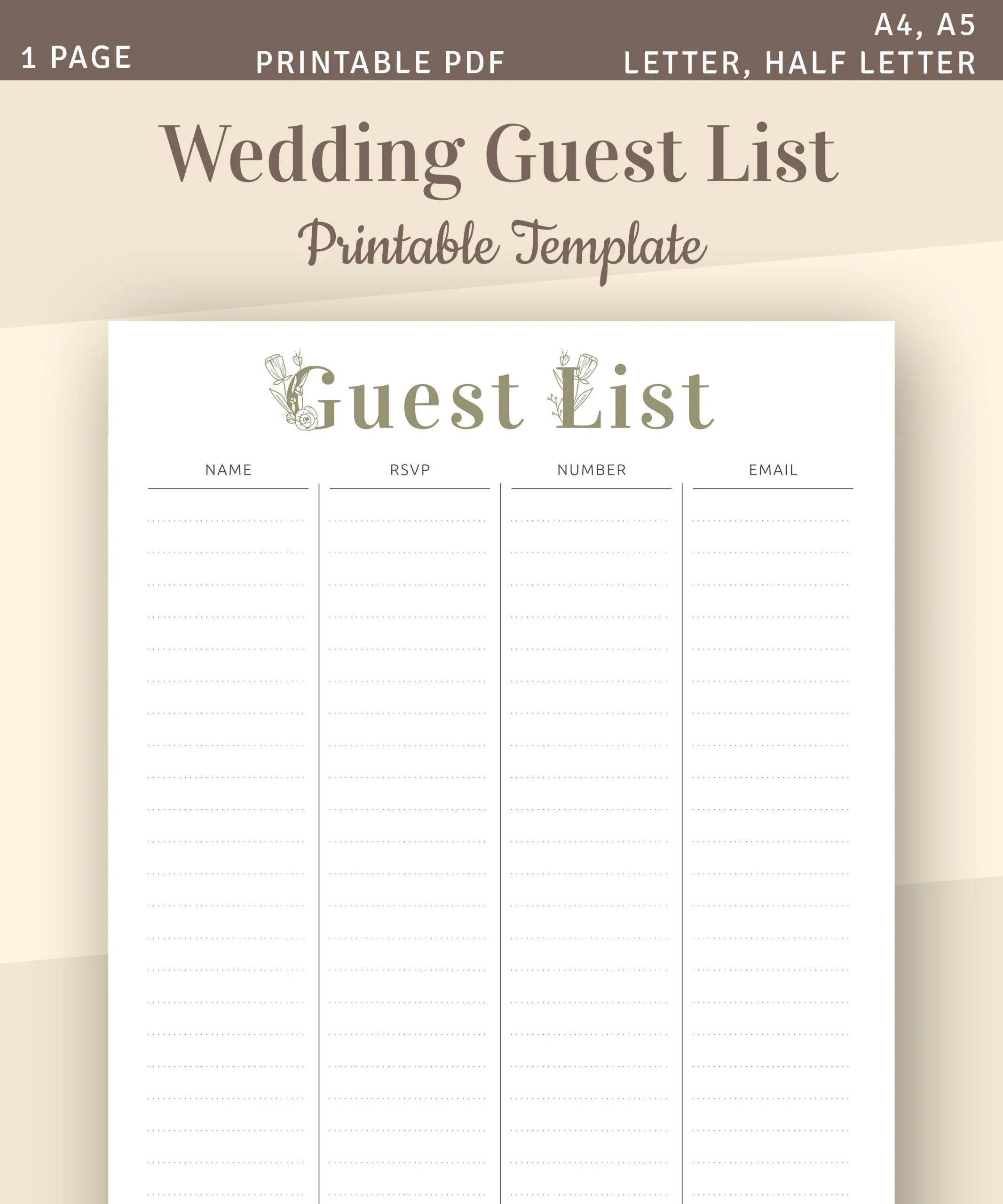 Wedding Guest List Printable Template A4 A5 Letter Etsy