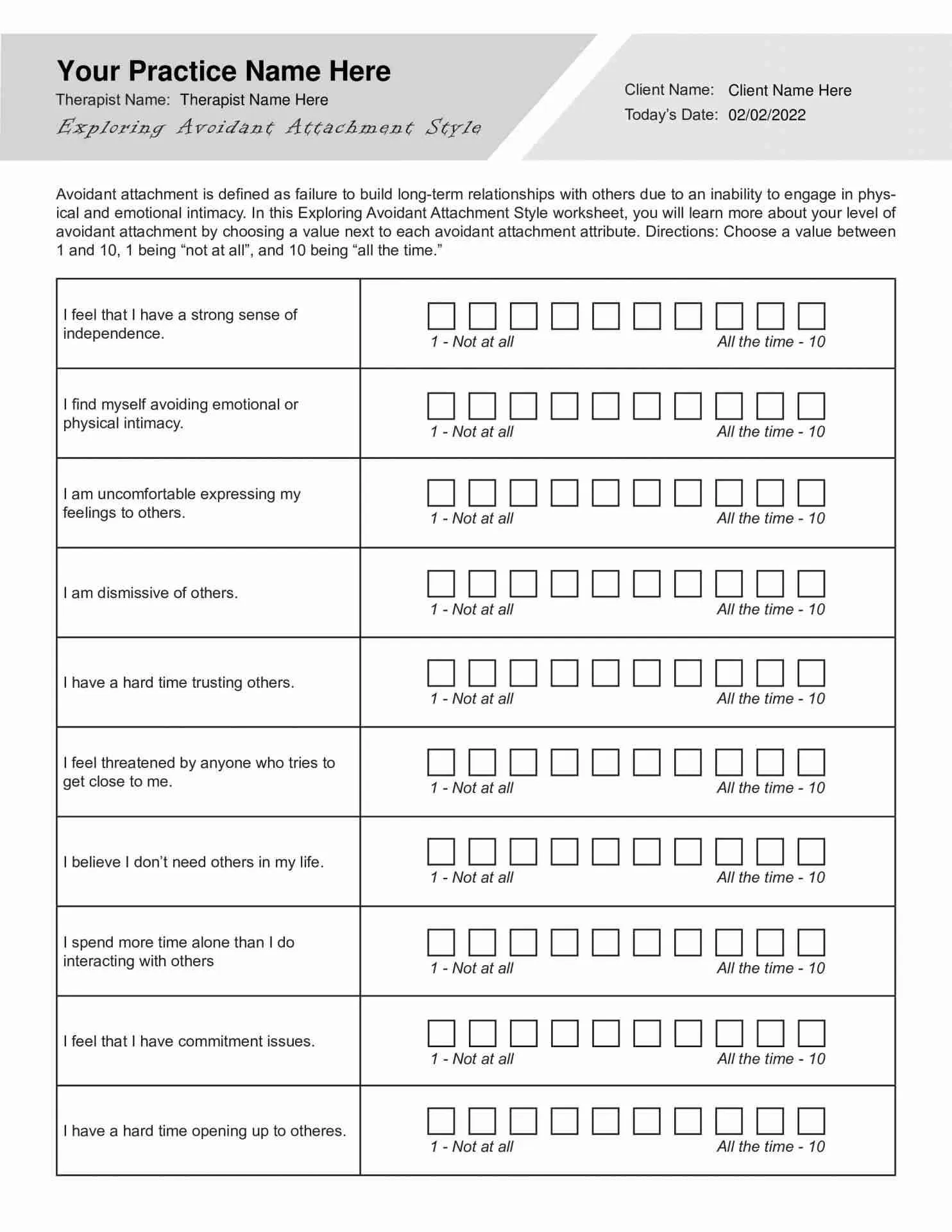exploring avoidant attachment style worksheet pdf therapybypro